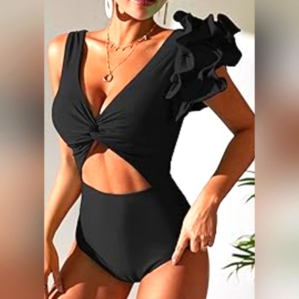 Women's One-piece Swimsuit Ruffle Trim Twist Front Bathing Suit Swimwear Medium